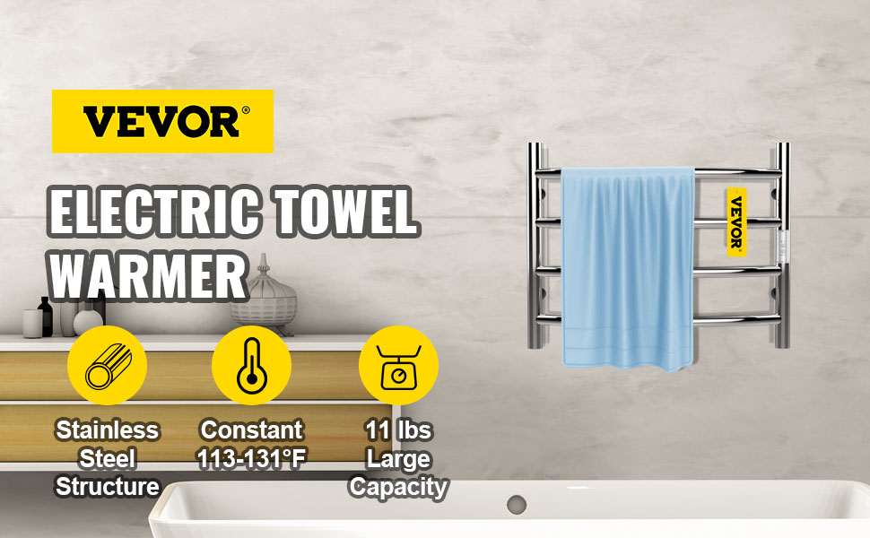 VEVOR Heated Towel Rack, 4 Bars Curved Design, Mirror Polished Stainless Steel Electric Towel Warmer with Built-in Timer, Wall-Mounted for Bathroom, Plug-in/Hardwired, UL Certificated, Silver