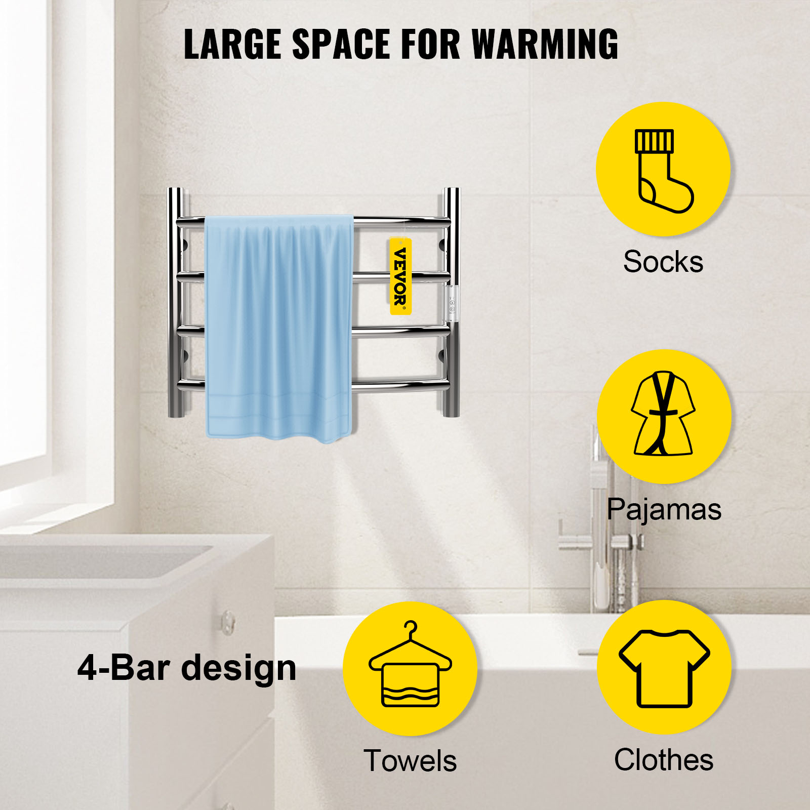 VEVOR Heated Towel Rack, 4 Bars Curved Design, Mirror Polished Stainless Steel Electric Towel Warmer with Built-in Timer, Wall-Mounted for Bathroom, Plug-in/Hardwired, UL Certificated, Silver