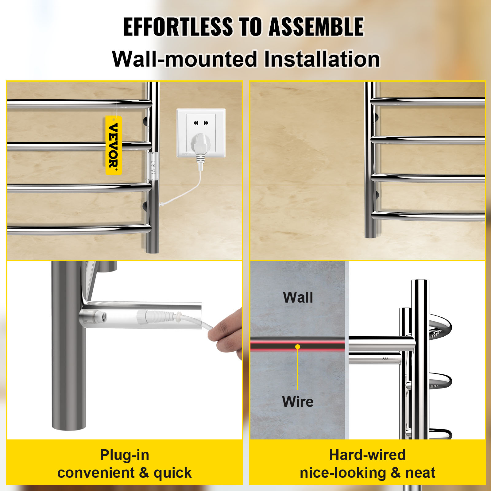 VEVOR Heated Towel Rack, 4 Bars Curved Design, Mirror Polished Stainless Steel Electric Towel Warmer with Built-in Timer, Wall-Mounted for Bathroom, Plug-in/Hardwired, UL Certificated, Silver