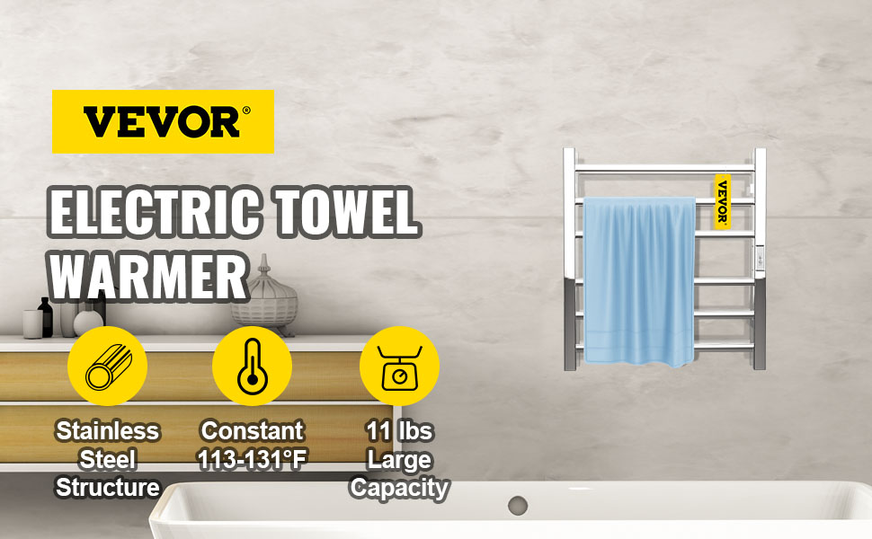 Calentador de toallas montado en la pared con temporizador integrado, 4  barras, calentador eléctrico de acero inoxidable para baño, calentador de