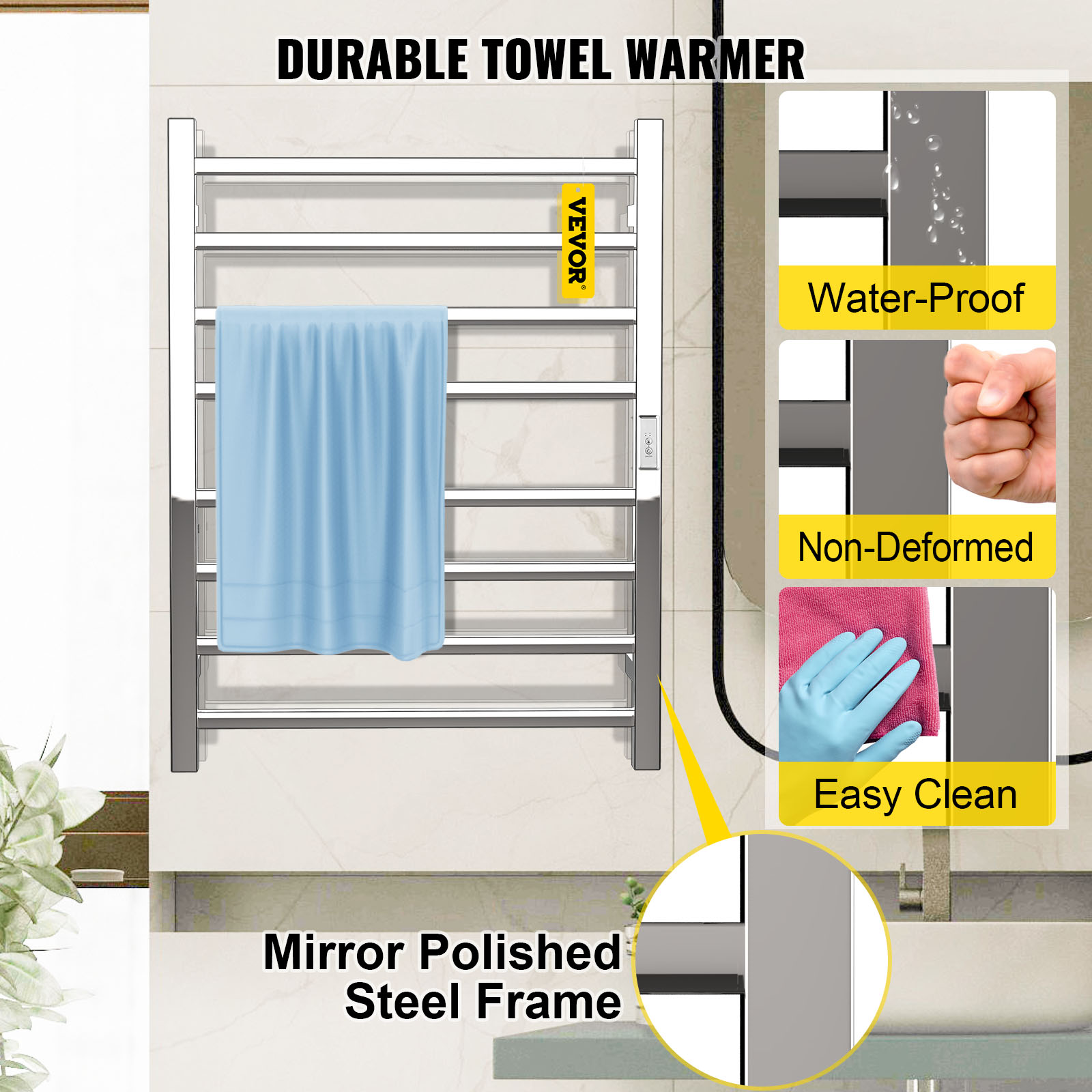  Calentador de toallas eléctrico de 8 barras con temporizador de  aleación de aluminio enrollado en la pared, estante de secado de toallas  montado en la pared, color blanco para baño 