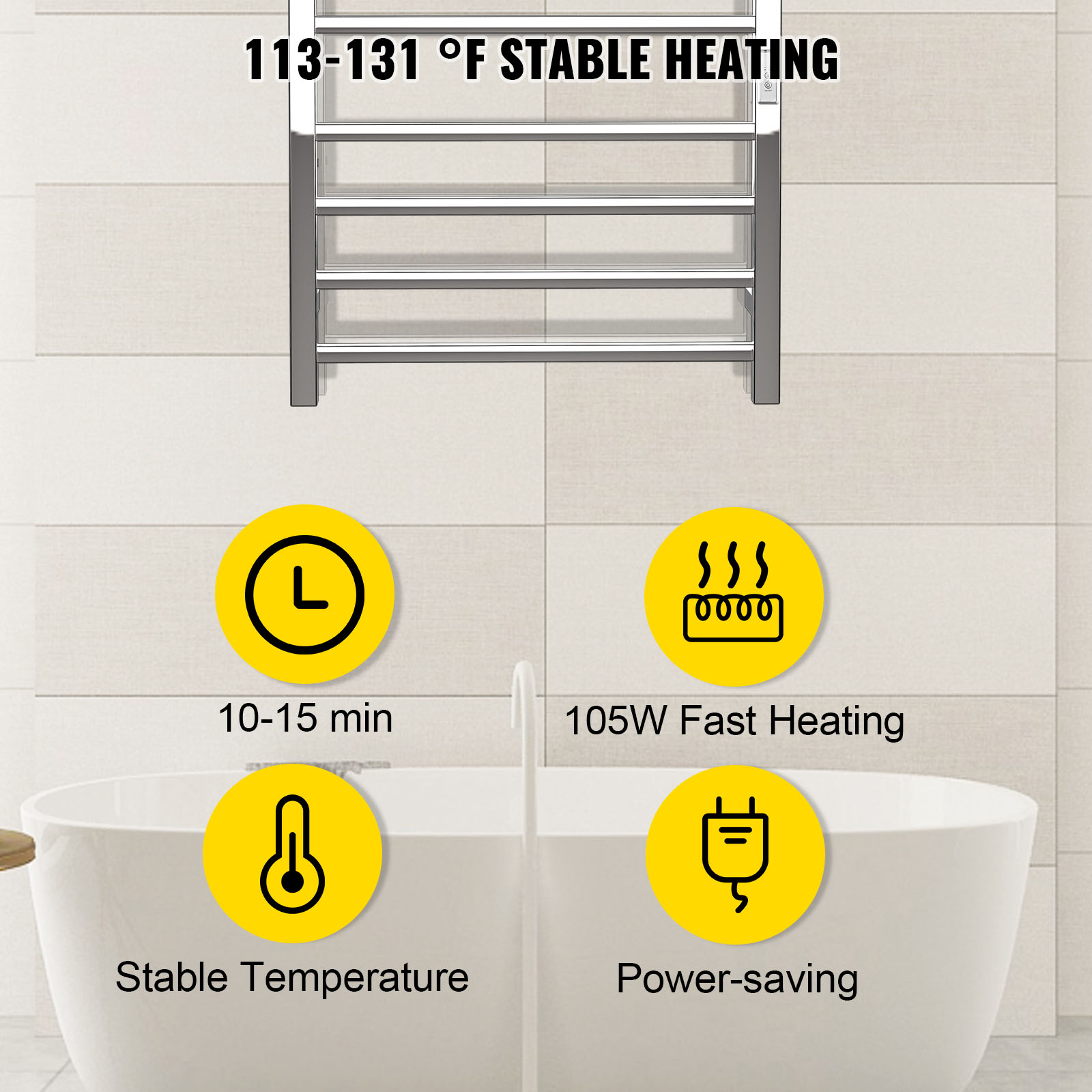 Calentador de toallas montado en la pared con temporizador integrado, 8  barras, calentador eléctrico de acero inoxidable para baño, calentador de