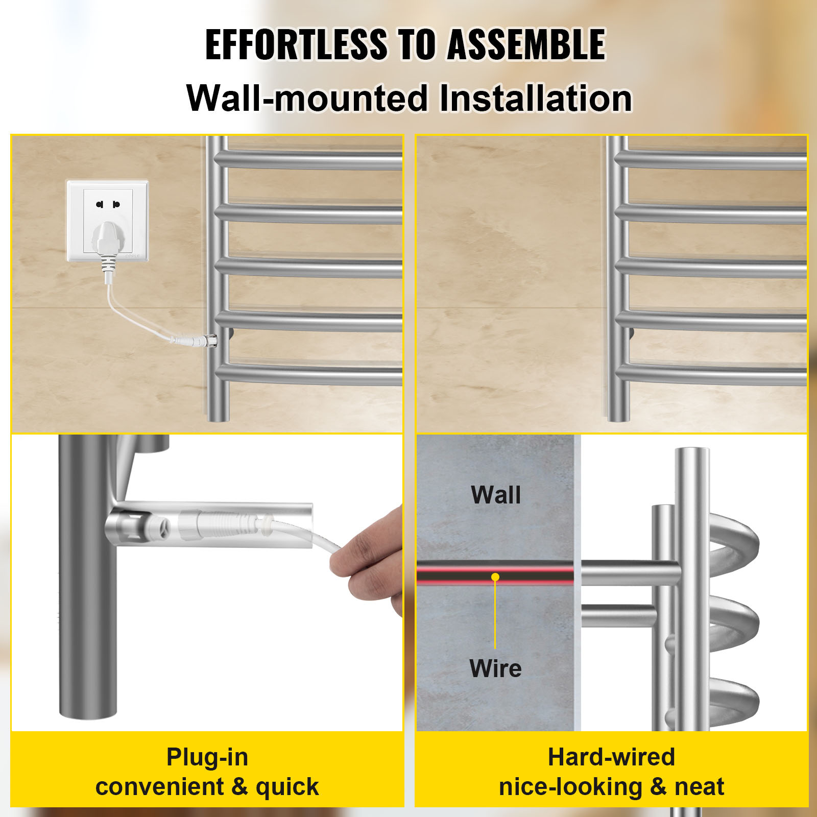 VEVOR Heated Towel Rack, 4 Bars Curved Design, Polishing Brushed Stainless Steel Electric Towel Warmer with Built-in Timer, Wall-Mounted for Bathroom, Plug-in/Hardwired, UL Certificated, Silver