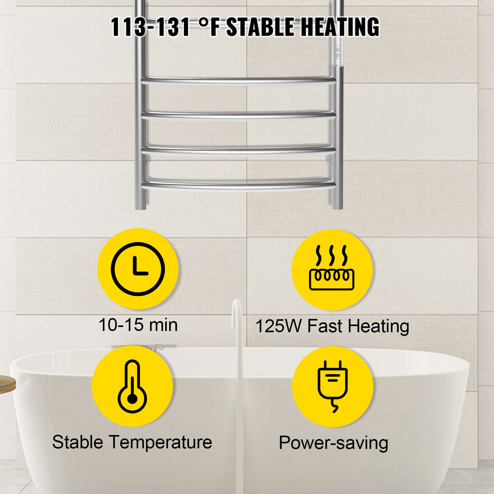 VEVOR Heated Towel Rack, 8 Bars Curved Design, Polishing Brushed Stainless Steel Electric Towel Warmer with Built-in Timer, Wall-Mounted for Bathroom, Plug-in/Hardwired, UL Certificated, Silver