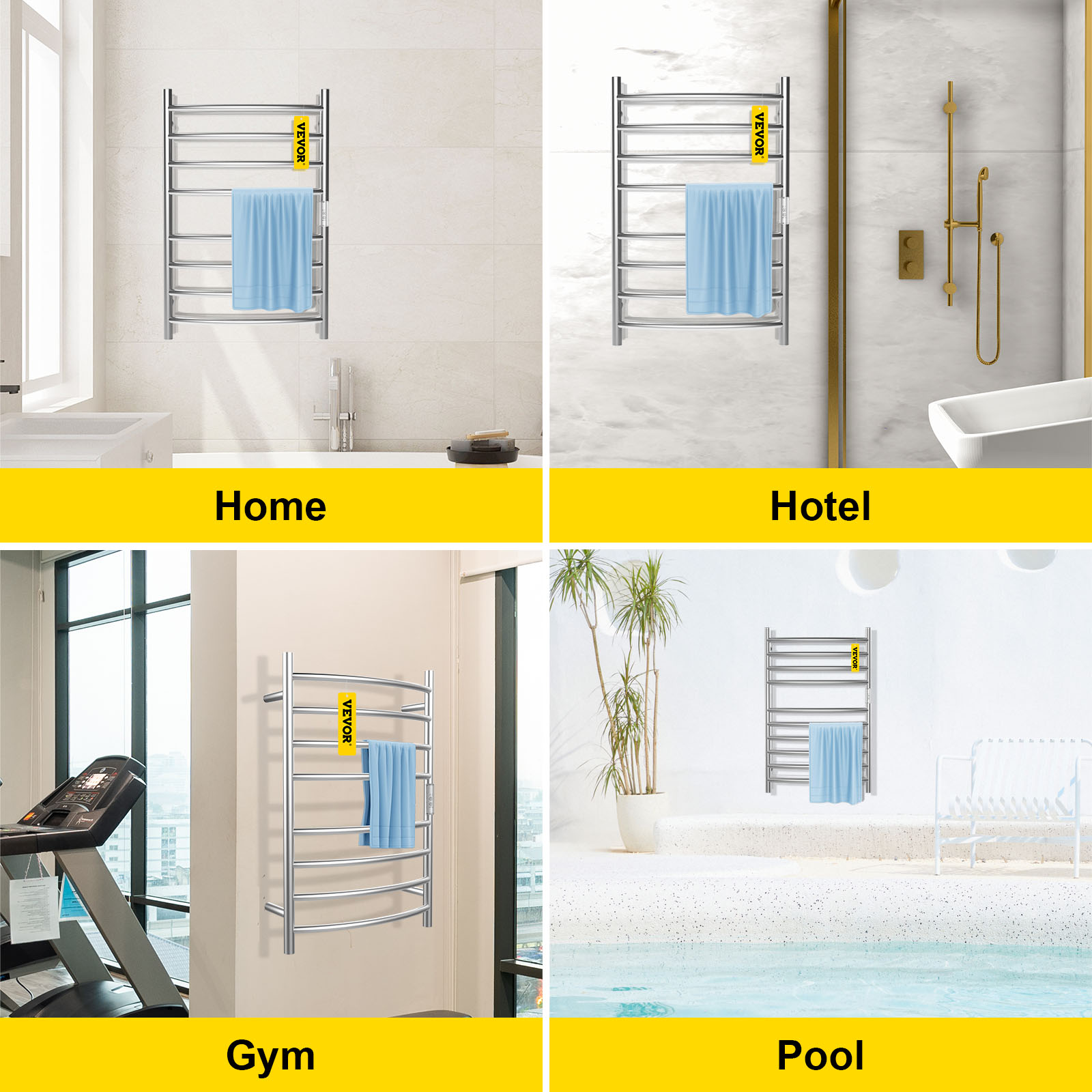 VEVOR Heated Towel Rack, 8 Bars Curved Design, Polishing Brushed Stainless Steel Electric Towel Warmer with Built-in Timer, Wall-Mounted for Bathroom, Plug-in/Hardwired, UL Certificated, Silver