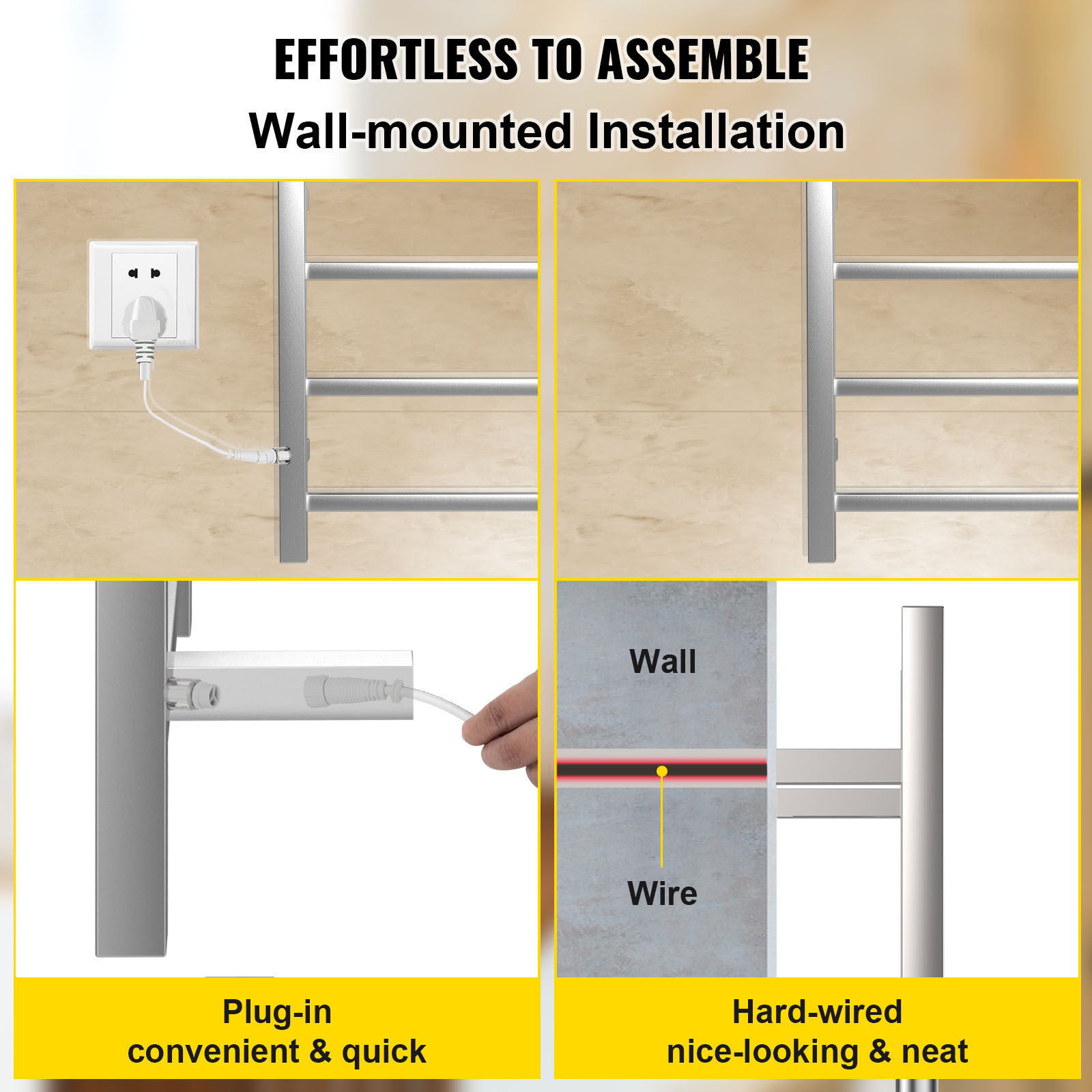 VEVOR Heated Towel Rack, 8 Bars Design, Polishing Brushed Stainless Steel Electric Towel Warmer with Built-in Timer, Wall-Mounted for Bathroom, Plug-in/Hardwired, UL Certificated, Silver