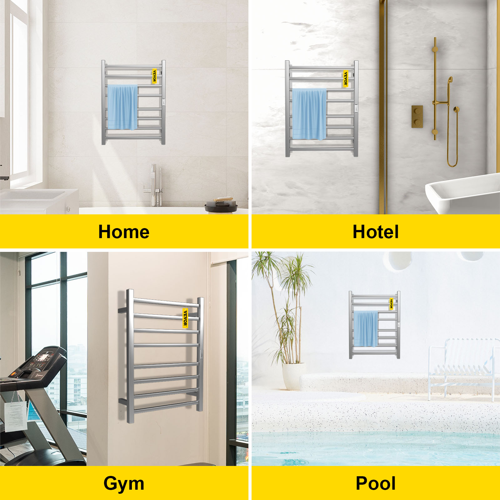 VEVOR Heated Towel Rack, 8 Bars Design, Polishing Brushed Stainless Steel Electric Towel Warmer with Built-in Timer, Wall-Mounted for Bathroom, Plug-in/Hardwired, UL Certificated, Silver