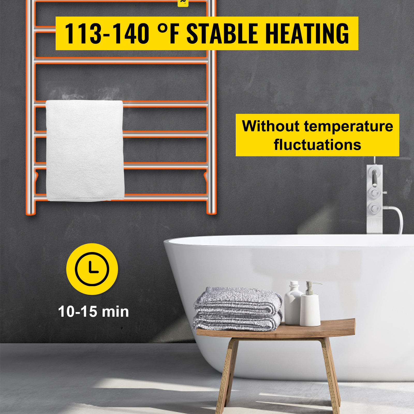 Calentador de toallas montado en la pared con temporizador integrado, 8  barras, calentador eléctrico de acero inoxidable para baño, calentador de