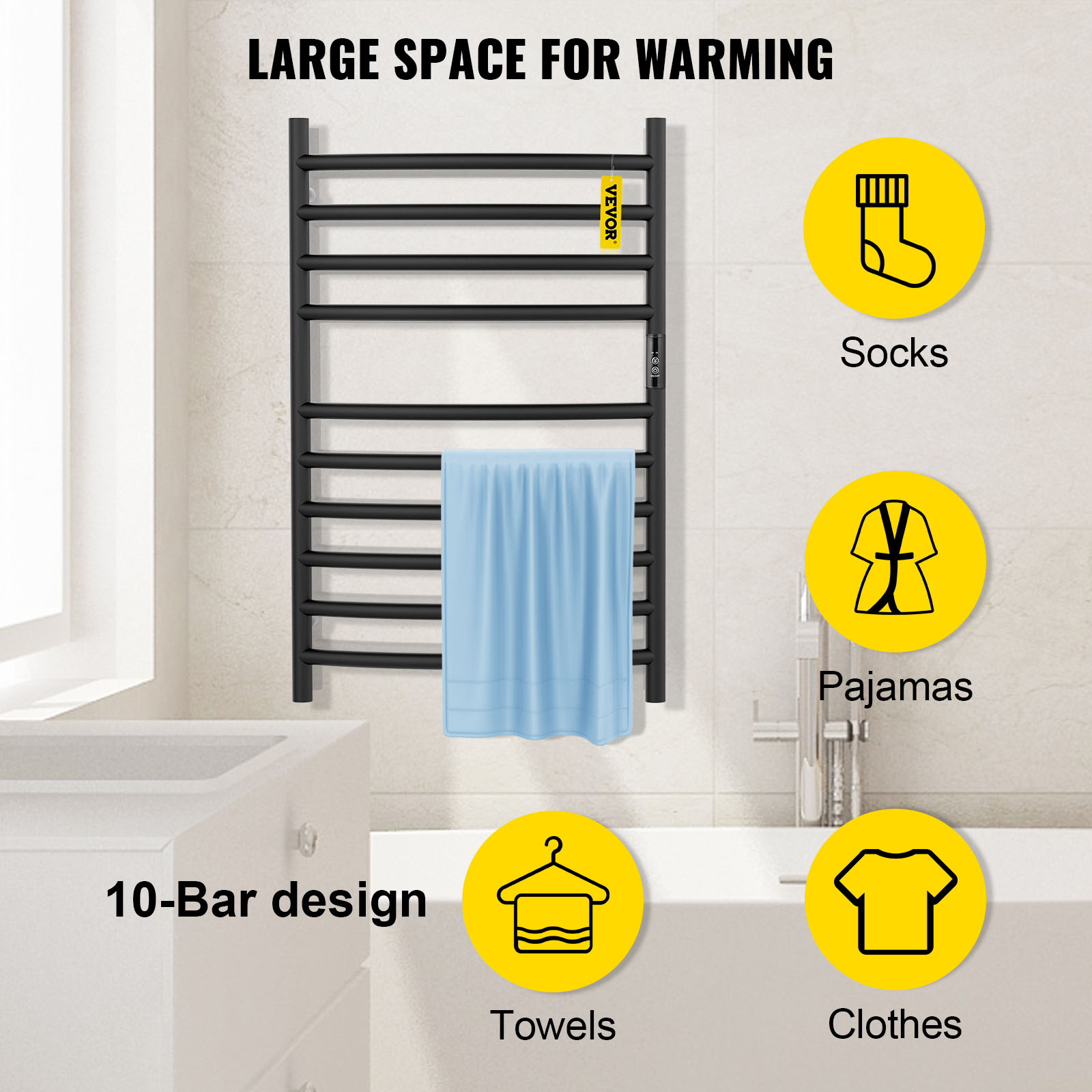 VEVOR Heated Towel Rack, 10 Bars Curved Design, Powder Coated Stainless Steel Electric Towel Warmer with Built-in Timer, Wall-Mounted for Bathroom, Plug-in/Hardwired, UL Certificated, Black