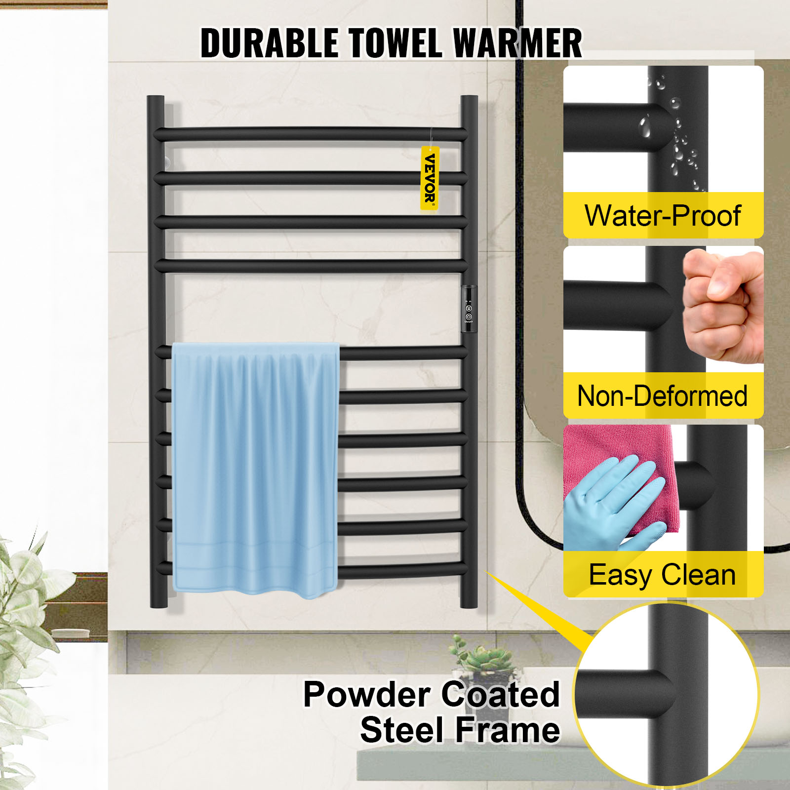 VEVOR Heated Towel Rack, 10 Bars Curved Design, Powder Coated Stainless Steel Electric Towel Warmer with Built-in Timer, Wall-Mounted for Bathroom, Plug-in/Hardwired, UL Certificated, Black