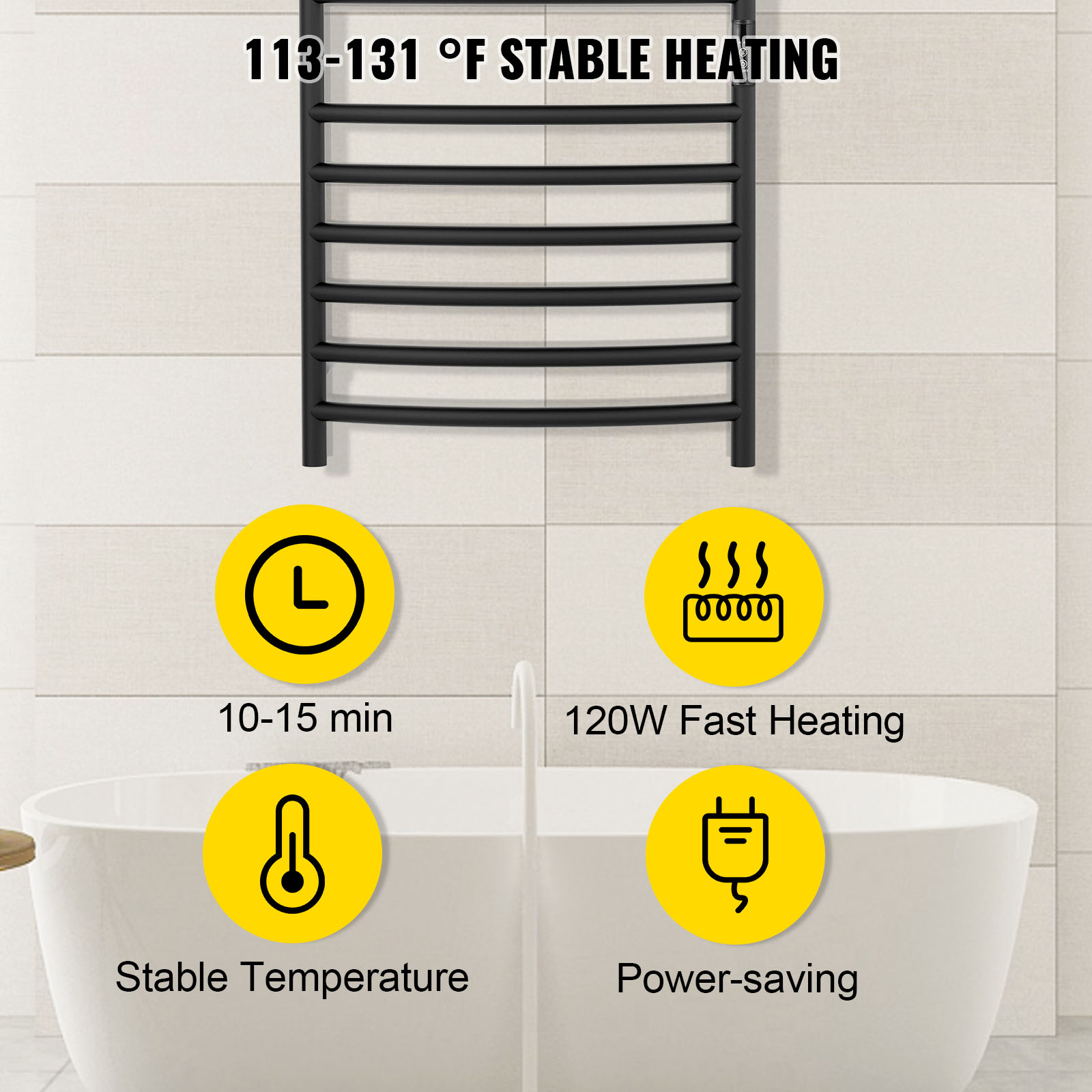 VEVOR Heated Towel Rack, 10 Bars Curved Design, Powder Coated Stainless Steel Electric Towel Warmer with Built-in Timer, Wall-Mounted for Bathroom, Plug-in/Hardwired, UL Certificated, Black
