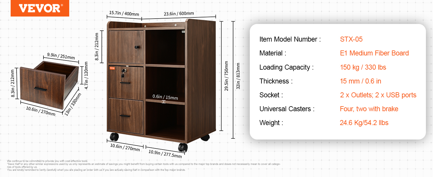 VEVOR Wood File Cabinet, Mobile Printer Cabinet 3-Drawer, with 2 Outlets and 2 USB Ports, Printer Stand with Open Storage Shelves for Home Office, Rustic Brown, EPA and CARB Certified