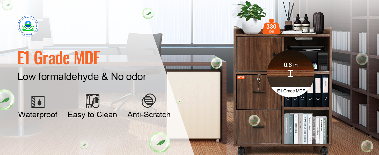 VEVOR Wood File Cabinet, Mobile Printer Cabinet 3-Drawer, with 2 Outlets and 2 USB Ports, Printer Stand with Open Storage Shelves for Home Office, Rustic Brown, EPA and CARB Certified