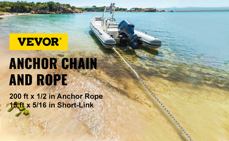 VEVOR Ancre et chaîne, chaîne d'ancre de bateau de 15' x 5/16, corde en  nylon de 1/2 x 200', chaîne galvanisée robuste, nylon torsadé à trois  brins de qualité guindeau, chaîne d'ancre