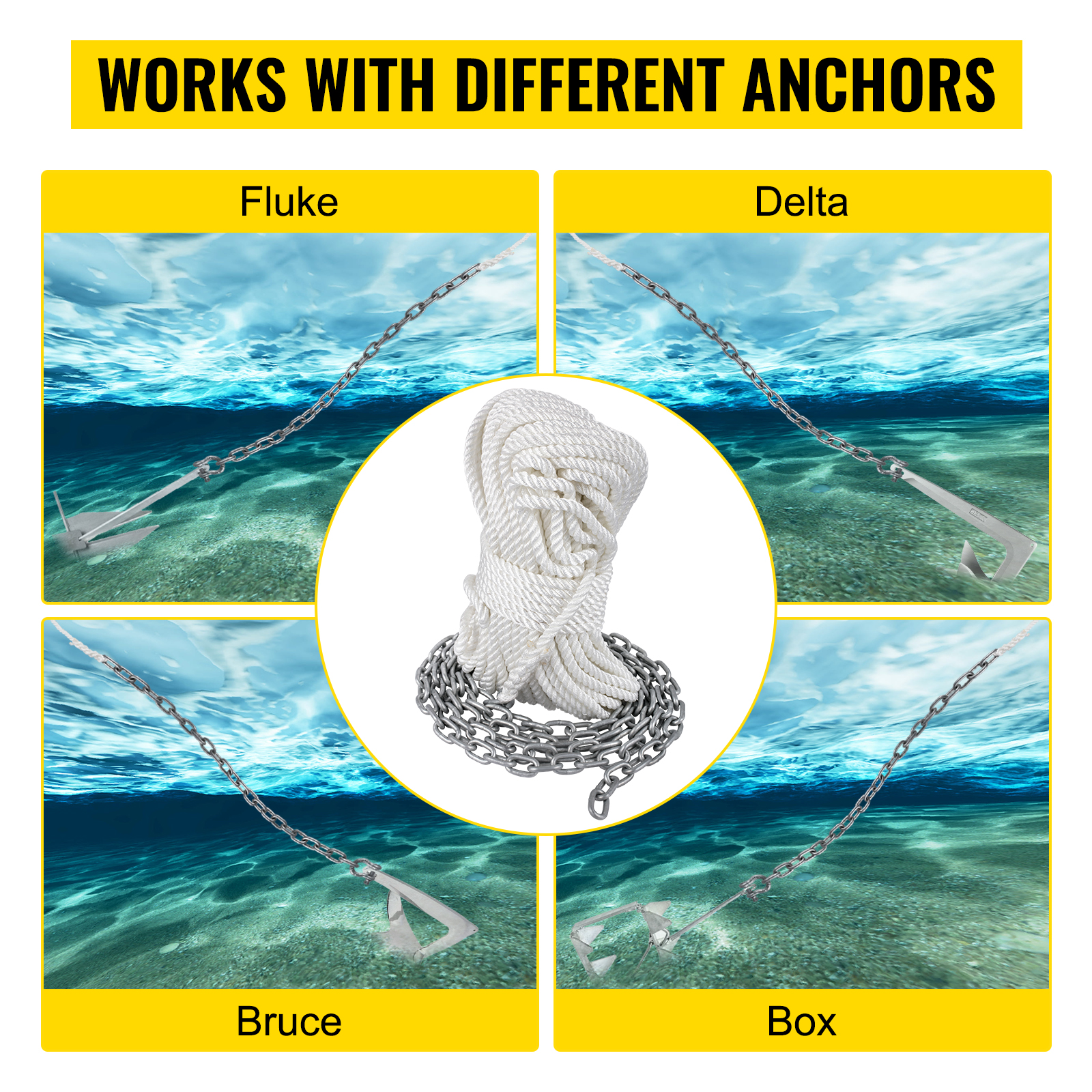 VEVOR Anchor Rode and Chain, 15' x 5/16 Boat Anchor Chain, 1/2 x 200'  Nylon Rope, 2.2T Chain Tension Galvanized Steel Chain, Windlass-Grade Three  Strand Twist Nylon, Anchor Chain for Boats, Ships