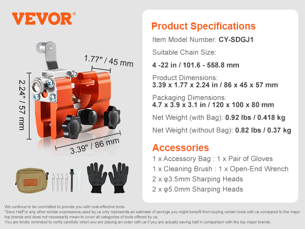 VEVOR Chainsaw Sharpener, Hand-Cranked Chainsaw Sharpening Jig for 4"-22" Chain Saws, Potable Chainsaw Chain Sharpener Tool Set with 4 Sharpening Heads for Landscaper, Lumberjack, Maintenance Worker