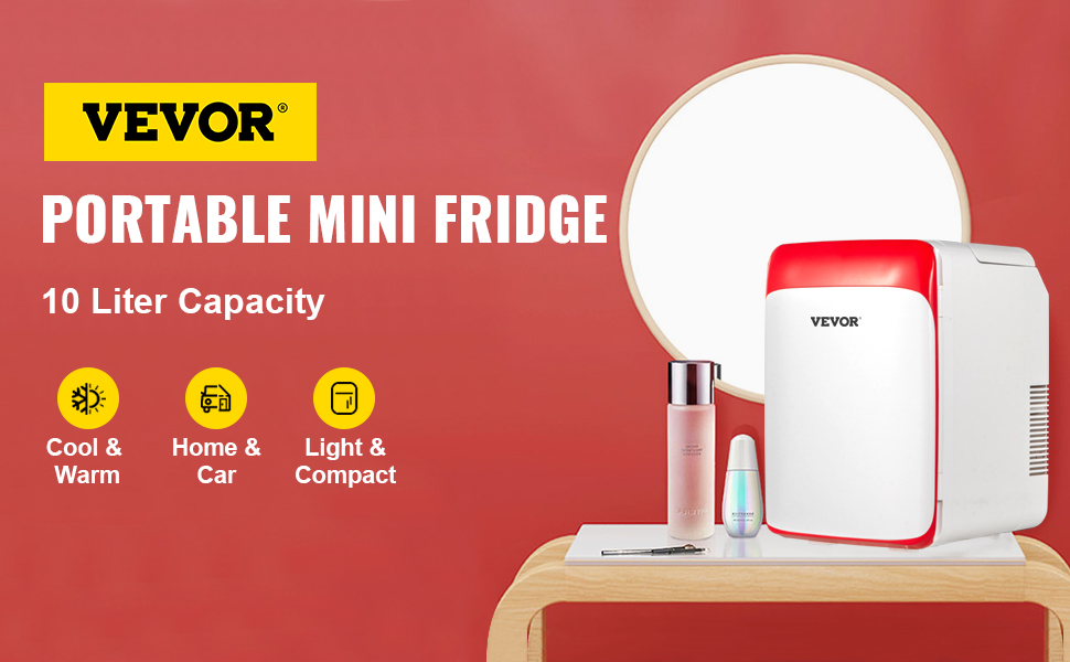 VEVOR Mini Fridge for Bedroom, 10 Liter/12 Can Portable Fridges, Luxury Small Beverage Refrigerator for Skincare Food Breast Mi