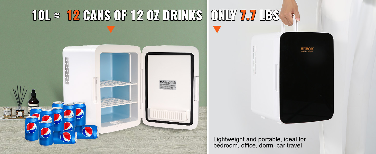 VEVOR 10 L / 12 Dosen Mini Kühlschrank, 2 in 1 Kleiner Kühlschrank Kühl-  und Heizfunktion, Schloss Kompakter Getränkekühlschrank 9 V DC / 220 V AC  für Büros und Schlafsäle, Getränke, Kosmetik, Weiß