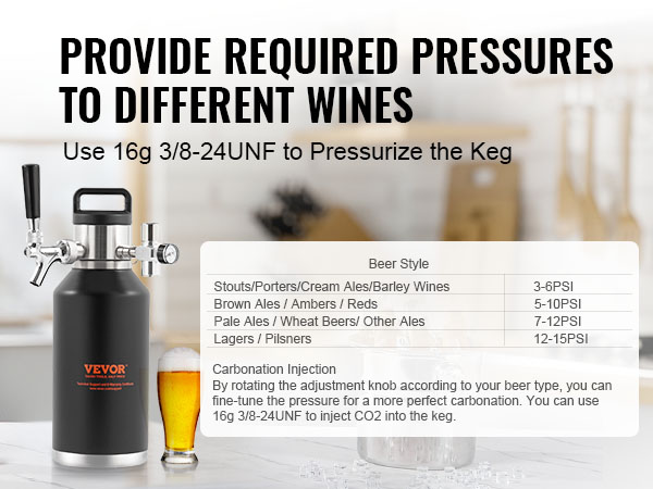 VEVOR Tireuse a Biere Portable 1,89 L Mini Growler Pression Reglable 0~30  PSI Mini Fut a Pression Isotherme Inox pour Garder la Fraicheur