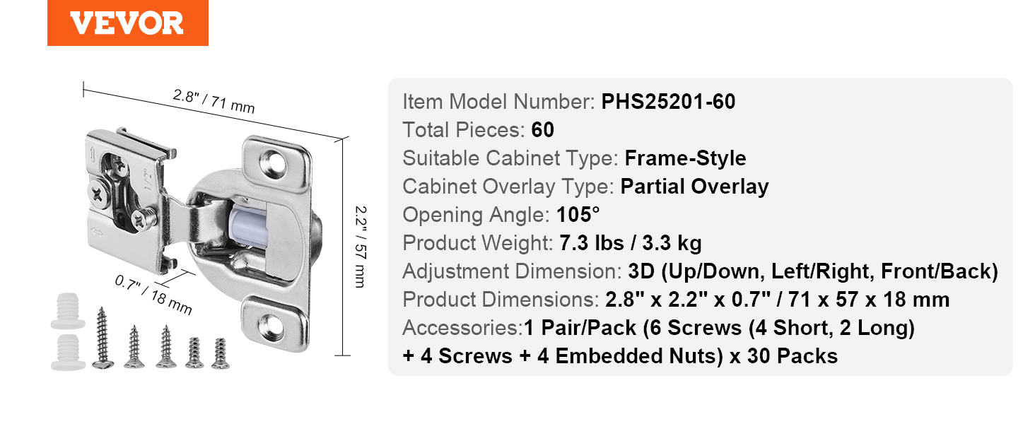 Cabinet Door Hinges,60 Packs Partial Overlay,Framed