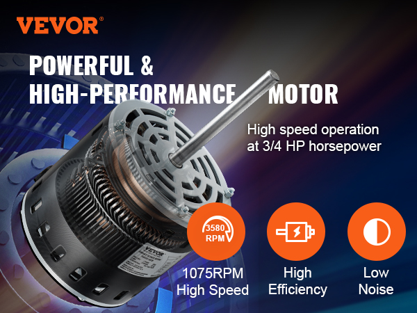 VEVOR 3/4HP Furnace Blower Motor, 208/230V 3.85Amps, 1075RPM 5 Speeds, CW/CCW Rotation, 48 Frame 4.8" Shaft Length, 10μF/450V Capacitor + 11" Hold Hoop