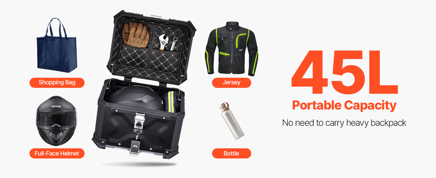 Top Case Moto VEVOR 45L - Coffre Universel Alu Argenté - Avec Doublure Et Résistant à L'eau