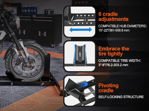 VEVOR Soporte para rueda trasera de motocicleta, con carrete basculante de  horquilla U + L, capacidad de 850 libras, soporte para rueda trasera