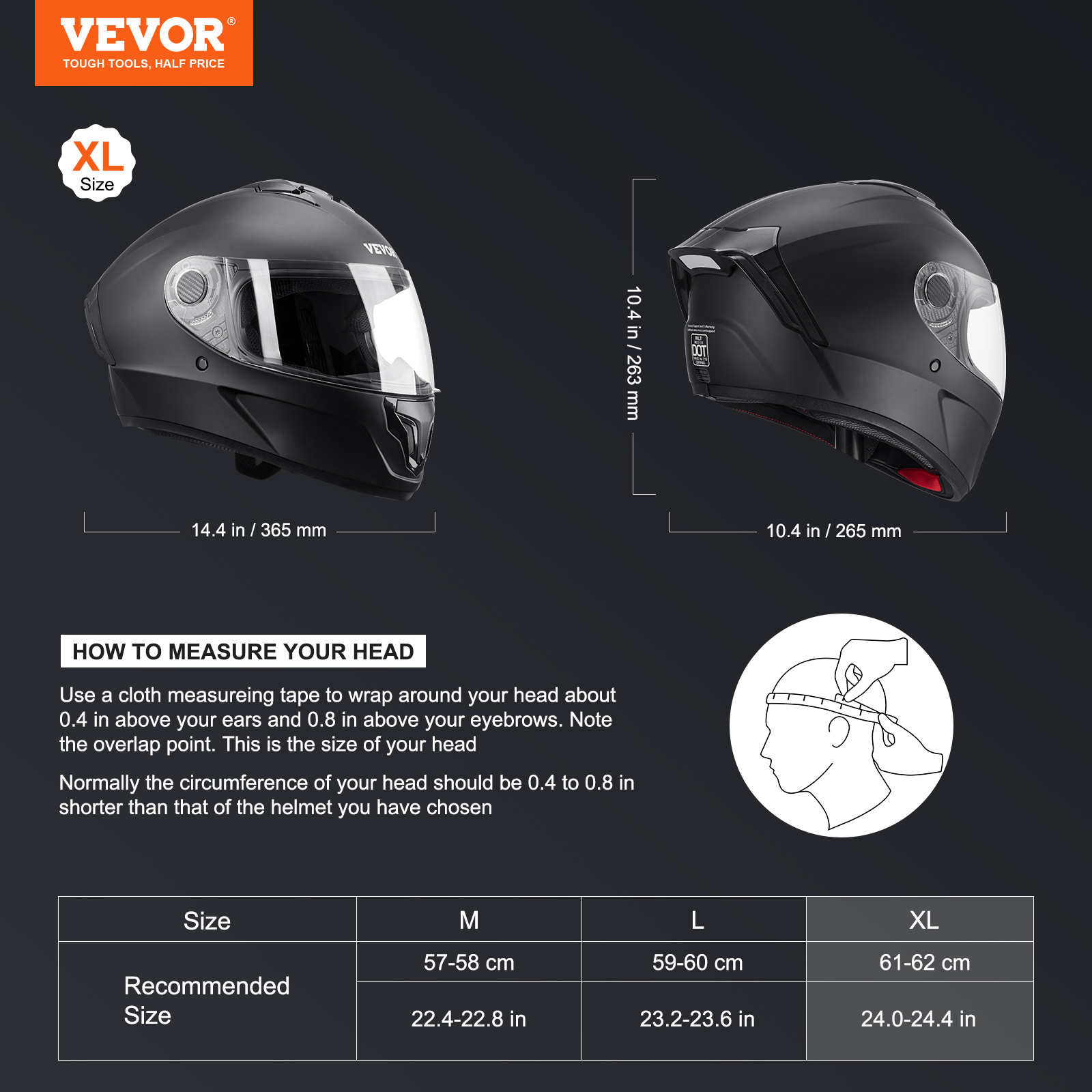 VEVOR Motorcycle Full Face Modular 3/4 Helmets for Mini-bike Scooter DOT Unisex - Picture 100 of 110