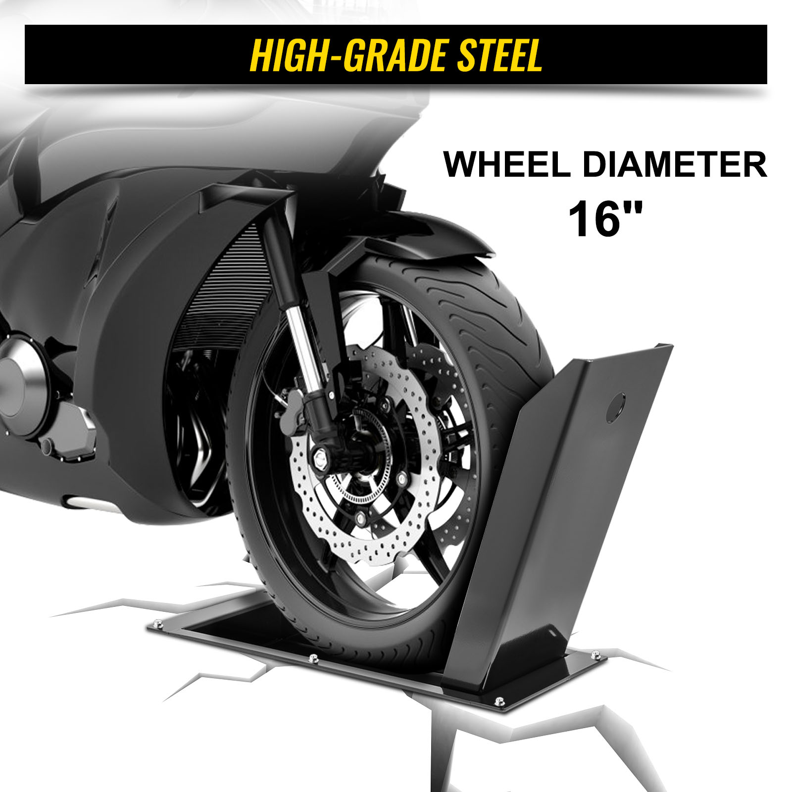 Calzo de rueda empotrado VEVOR, soporte de rueda resistente de 1200 libras,  calzo delantero de motocicleta negro para ruedas de 16 pulgadas, soporte
