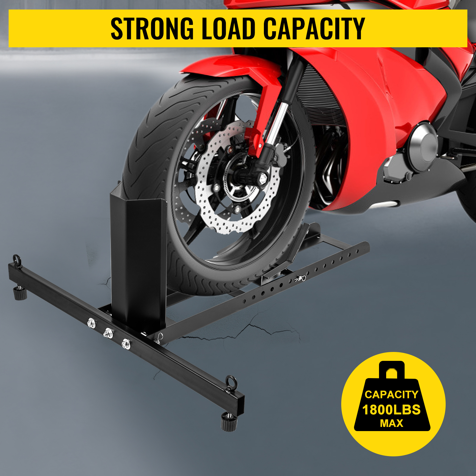 VEVOR Calzo para llanta delantera de motocicleta VEVOR, soporte para rueda  resistente de 1200 lbs, calzo delantero para motocicleta negra para ruedas  de 17 a 21 pulgadas, soporte para remolque de acero