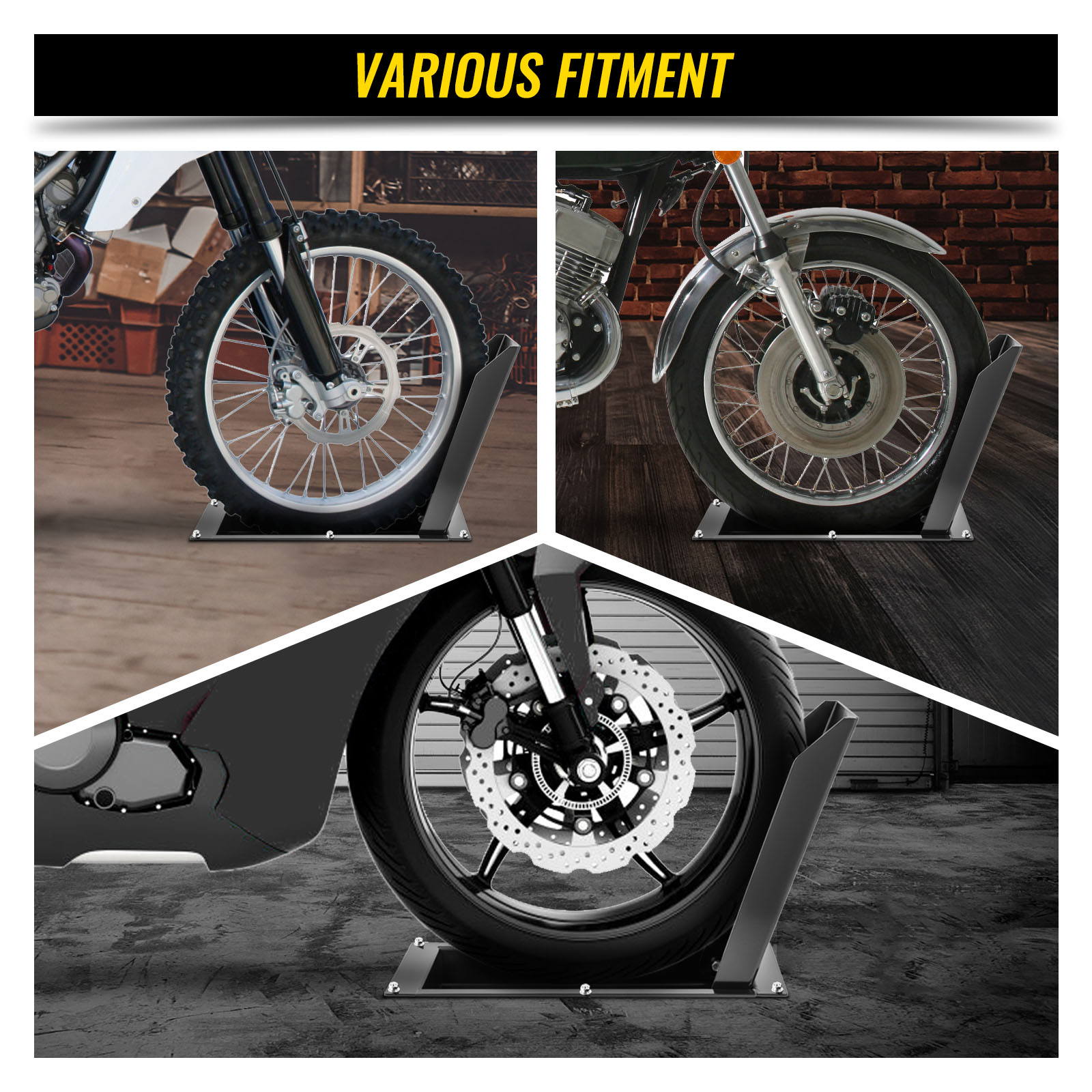 Calzo para rueda de motocicleta VEVOR, soporte para rueda de 1800 libras de  capacidad, soporte para rueda delantera de motocicleta de acero resistente
