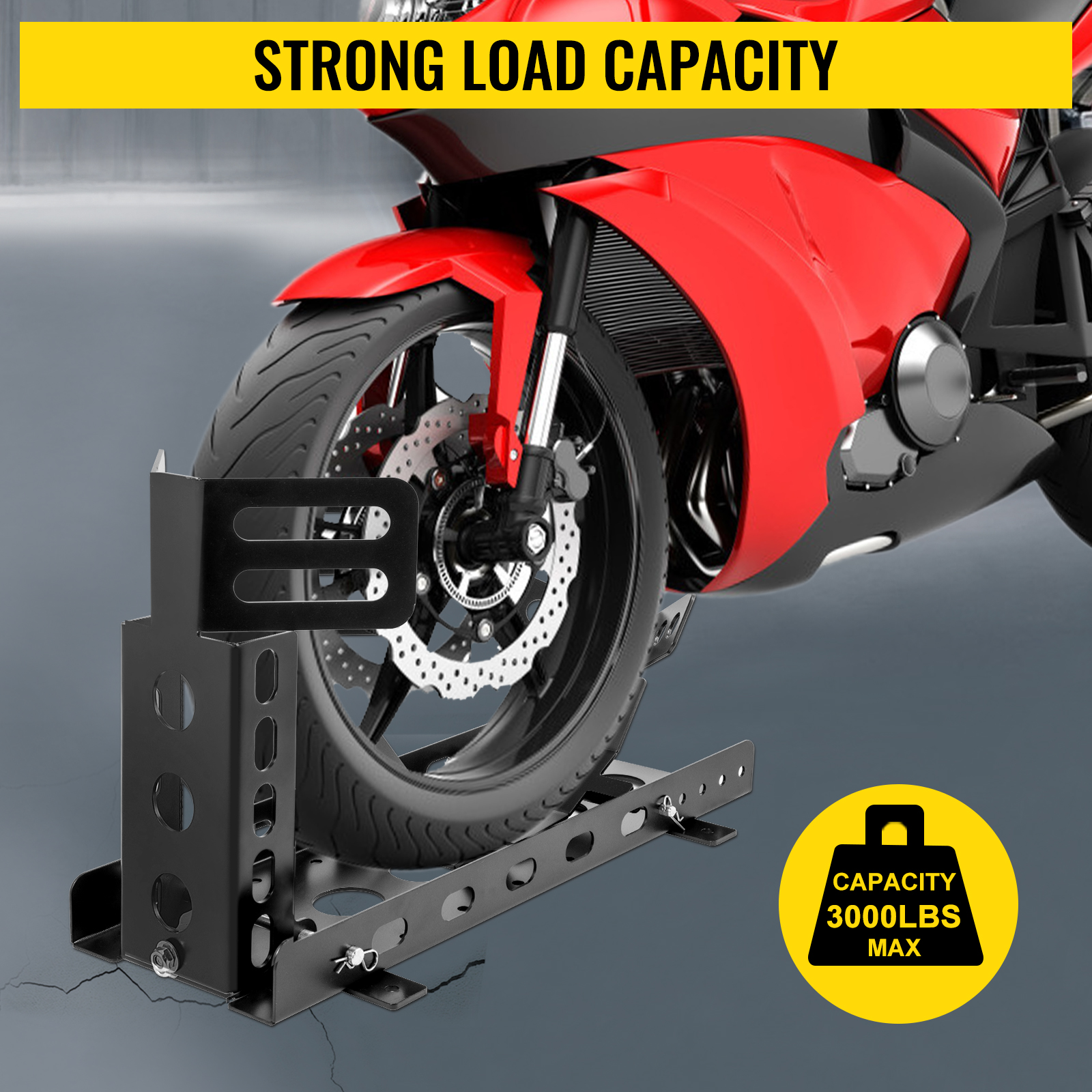 VEVOR Motorcycle Front Tire Chock, 3000 lbs Heavy Duty Wheel Stand, Black  Upright Motorbike Front Chock for 14-22 Wheels, High-Grade Steel Trailer  Stand, with Stable Tubes & Adjustable Holes