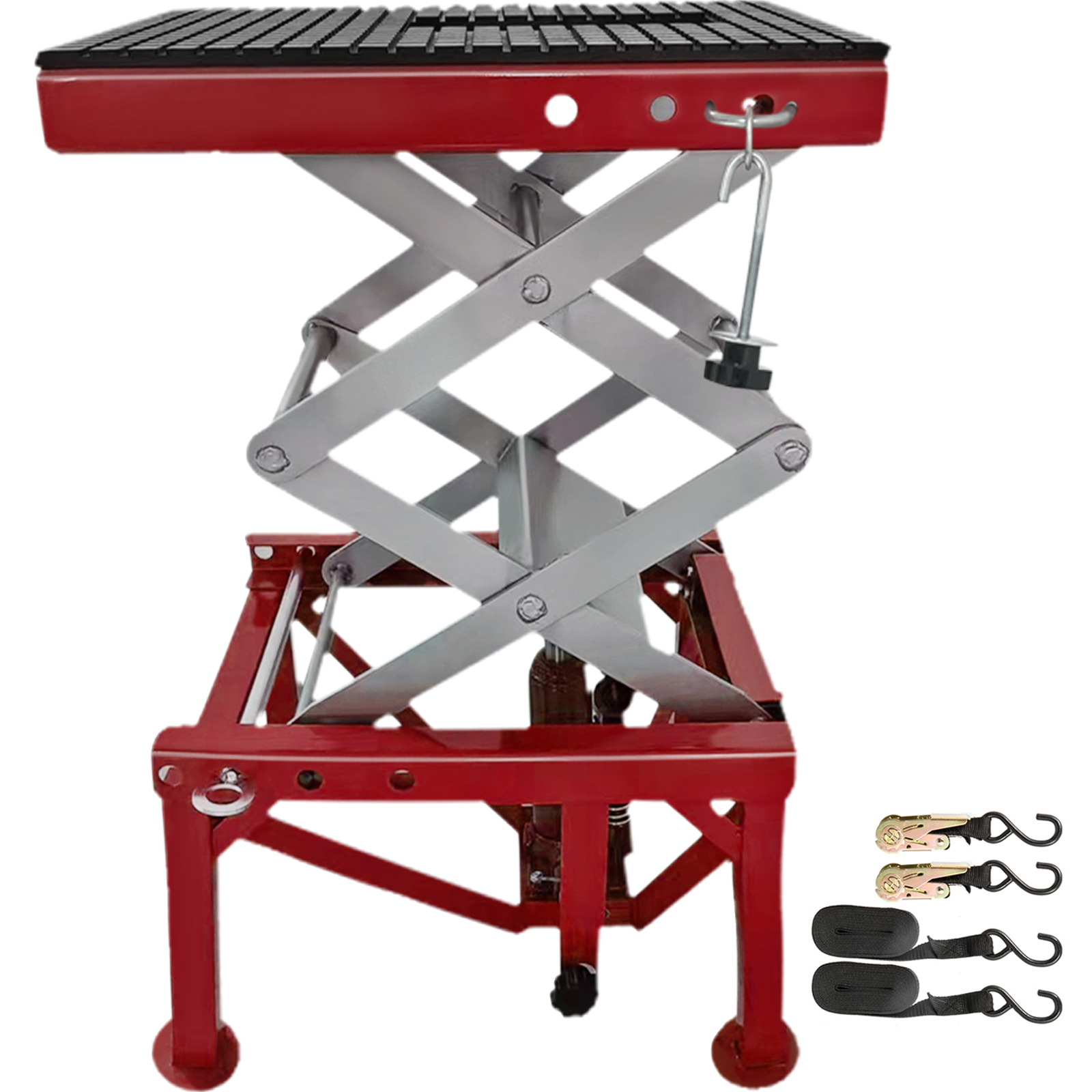 Red 300lbs Heavy Duty Hydraulic Motorcycle Adjustable Scissor Jack Lift with The Foot Peg Hold Downs Fit for Motorbike Dirt Bike Hydraulic Center Stand Lift 