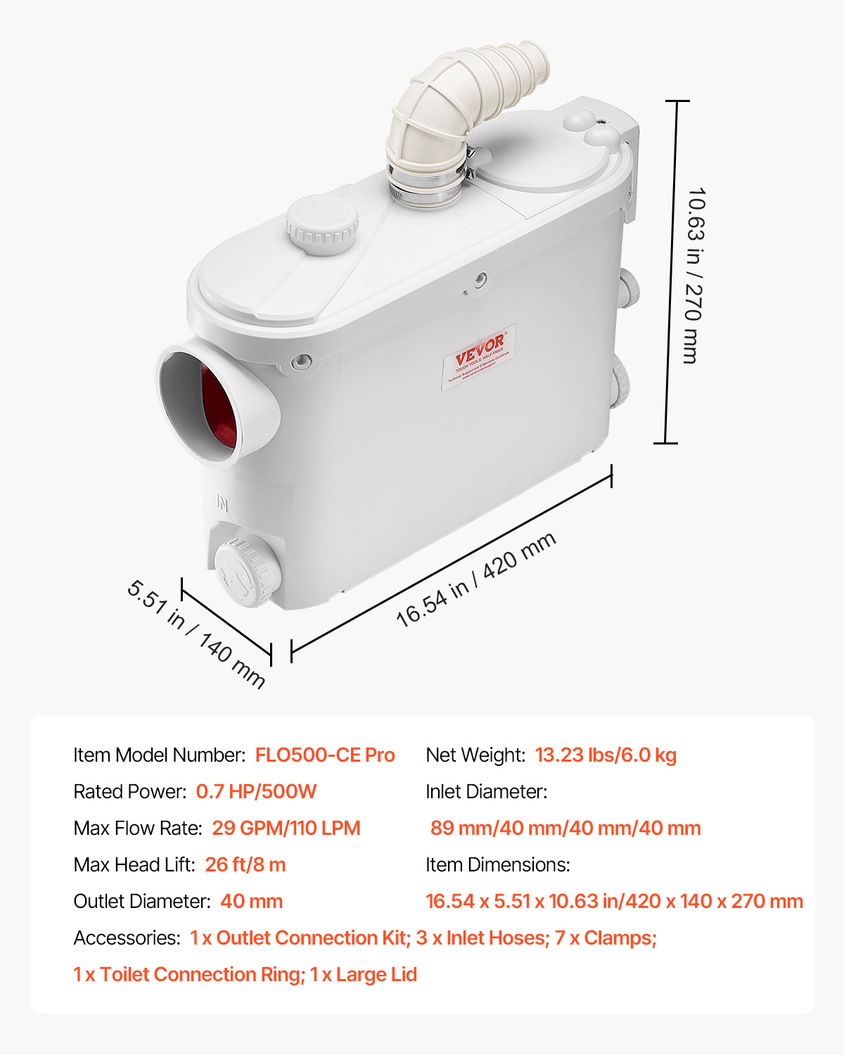 VEVOR Hebeanlage Kleinhebeanlage Fäkalienpumpe 500W für WC Dusche Waschbecken - Bild 7 von 12