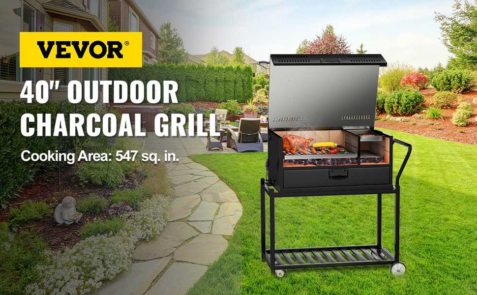 VEVOR 40 Charcoal Grill W/ Adjustable Charcoal Grate and Heavy Duty  Outdoor Mobile BBQ Smoker