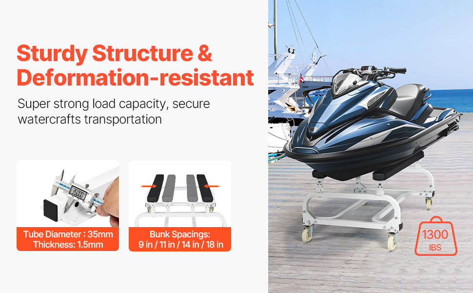 1300 Lbs Capacity PWC Dolly Boat Stand – Jet Ski Storage Cart, Adjustable Bunk Spacings, Unbranded, RYT-1300