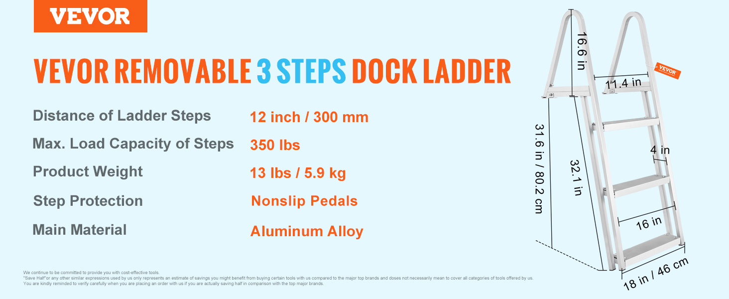 Знімна 3-ступенева драбина VEVOR, алюмінієвий сплав, нековзкі гумові накладки, максимальна вантажопідйомність 350 фунтів, вага 13 фунтів.