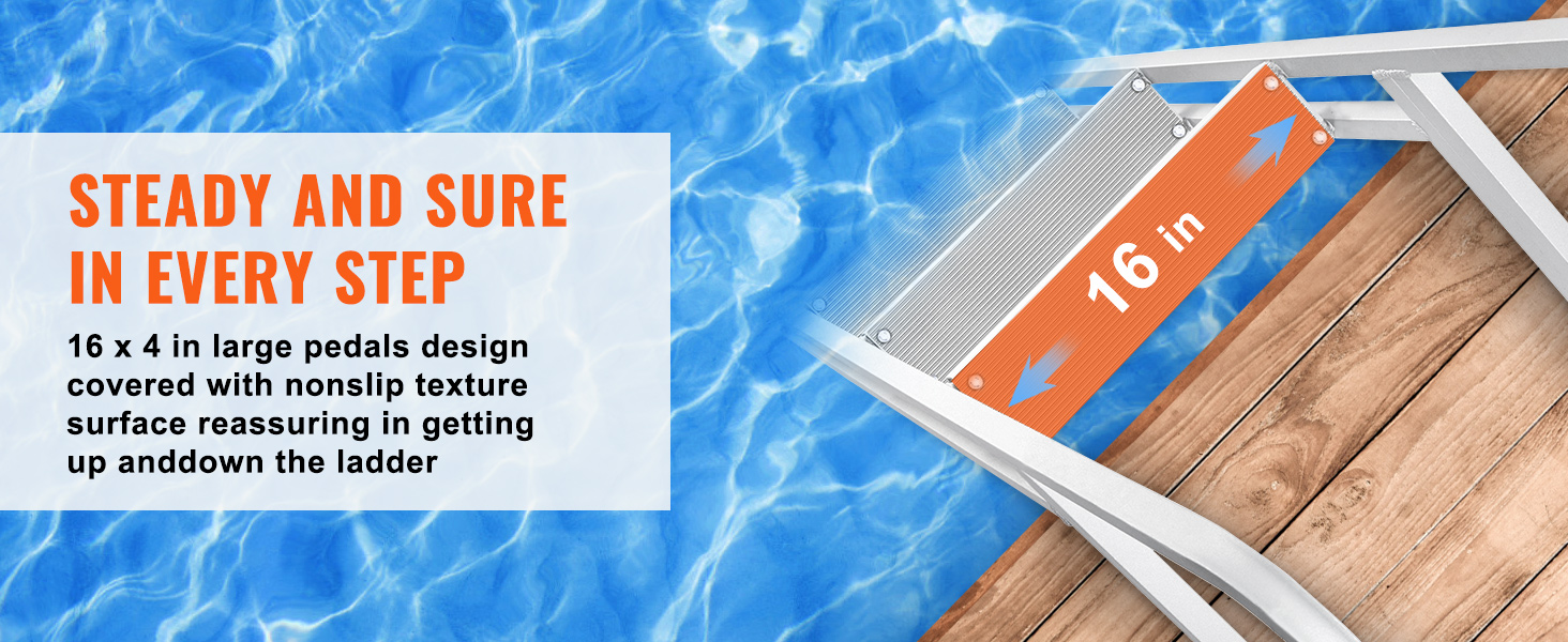 Підвісна драбина VEVOR з нековзкими гумовими сходинками 16 x 4 дюйми на дерев’яному доку над водою.