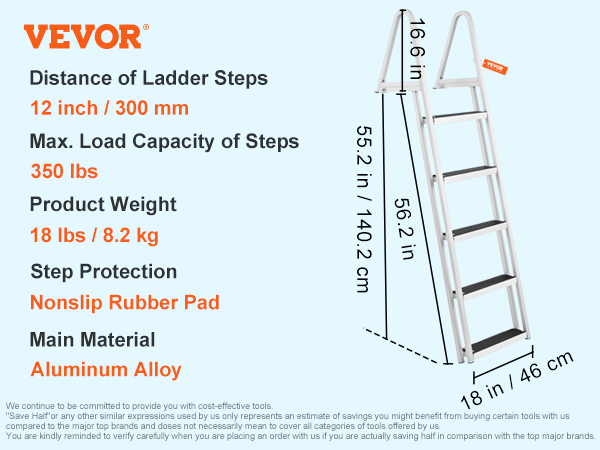 VEVOR Dock Ladder, Removable 5 Steps, 350 lbs Load Capacity, Aluminum Alloy Pontoon  Boat Ladder with 4'' Wide Step & Nonslip Rubber Mat, Easy to Install for  Ship/Lake/Pool/Marine Boarding