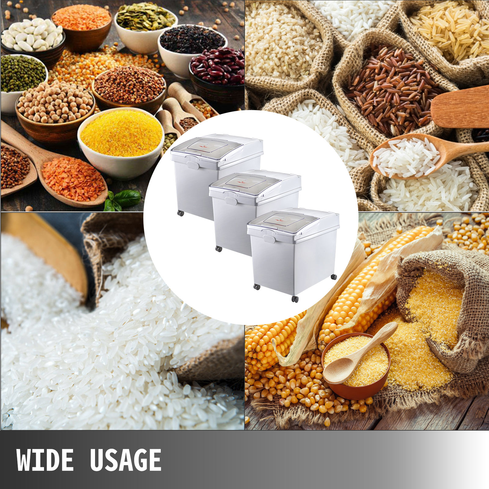 3 x 40L Ingredient Storage Bin Rice Flour Bin On Wheels 8.8 Gallons with Scoop 