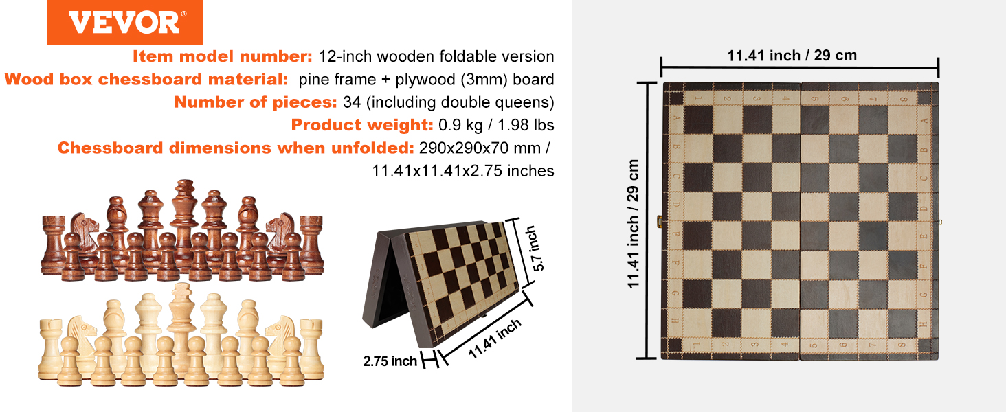 Magnetická dřevěná šachová sada VEVOR, 12palcová šachová sada, 2 extra královny šachy pro začátečníky, skládací šachové stolní hry se šachovými figurkami, úložnými sloty a krabicí, přenosný cestovní dárek pro dospělé děti
