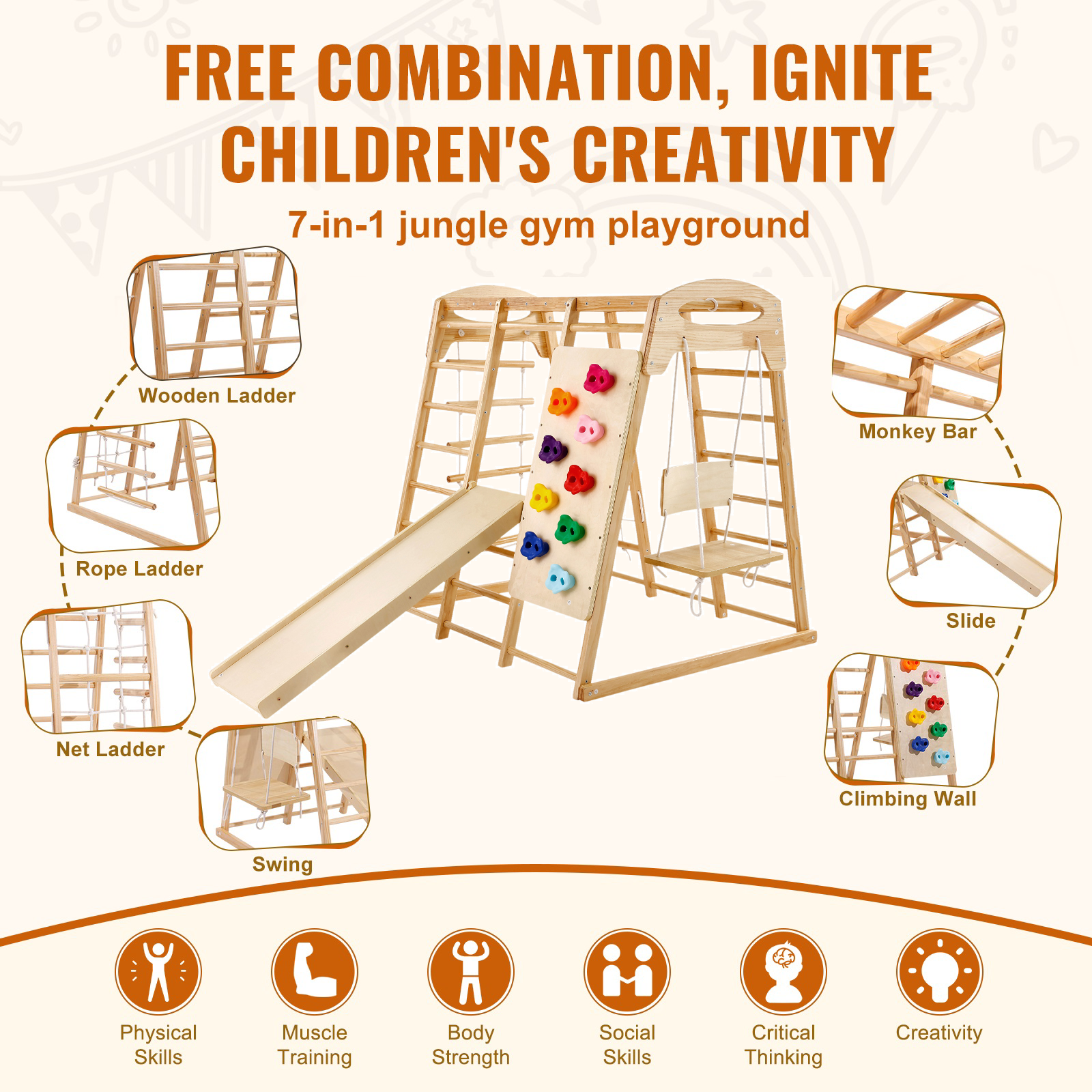 Indoor Jungle Gym 7-in-1 Toddler Indoor Playground Wooden Climbing L/M - Picture 17 of 26