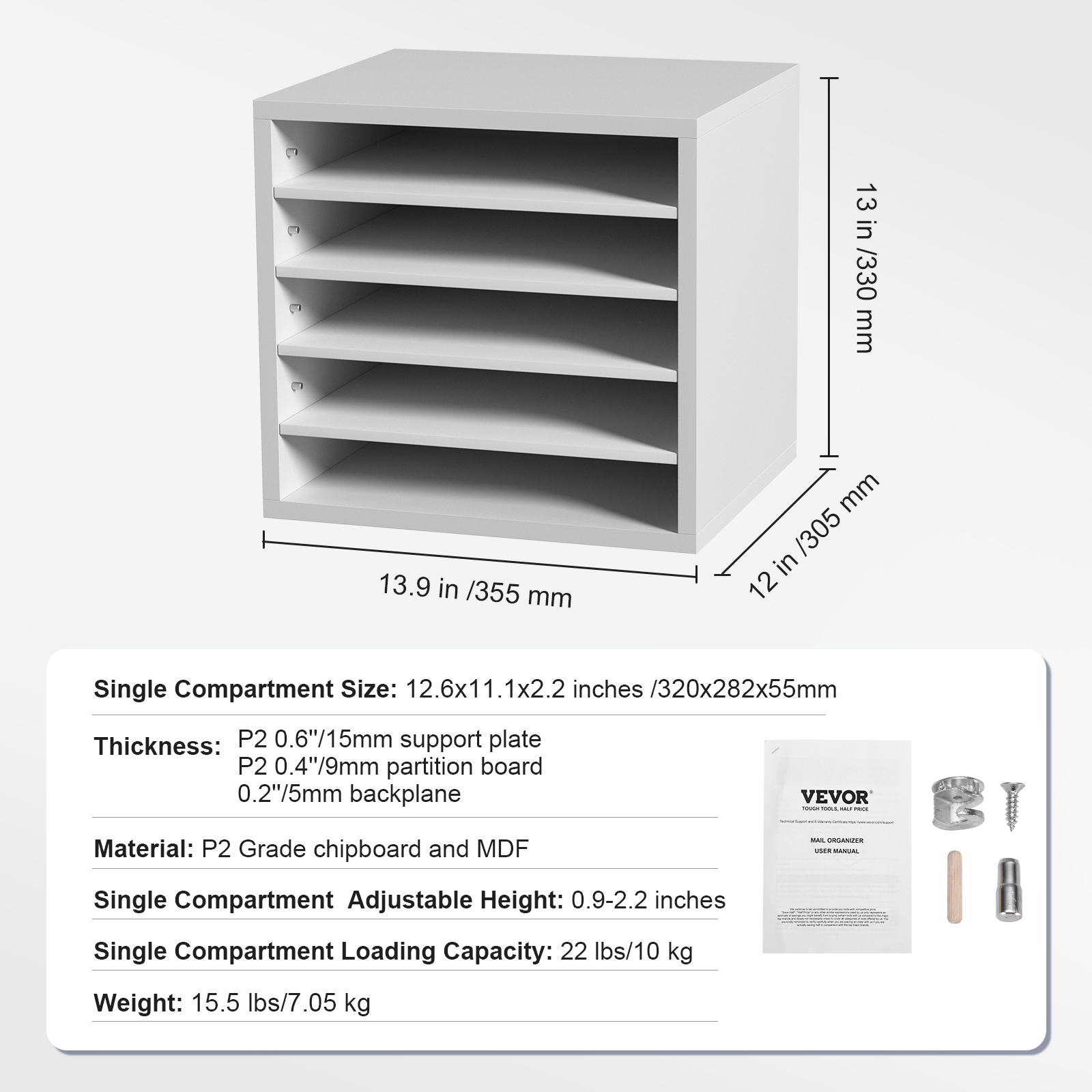 VEVOR Wood Literature Organizer Adjustable File Sorter 5 Compartments White