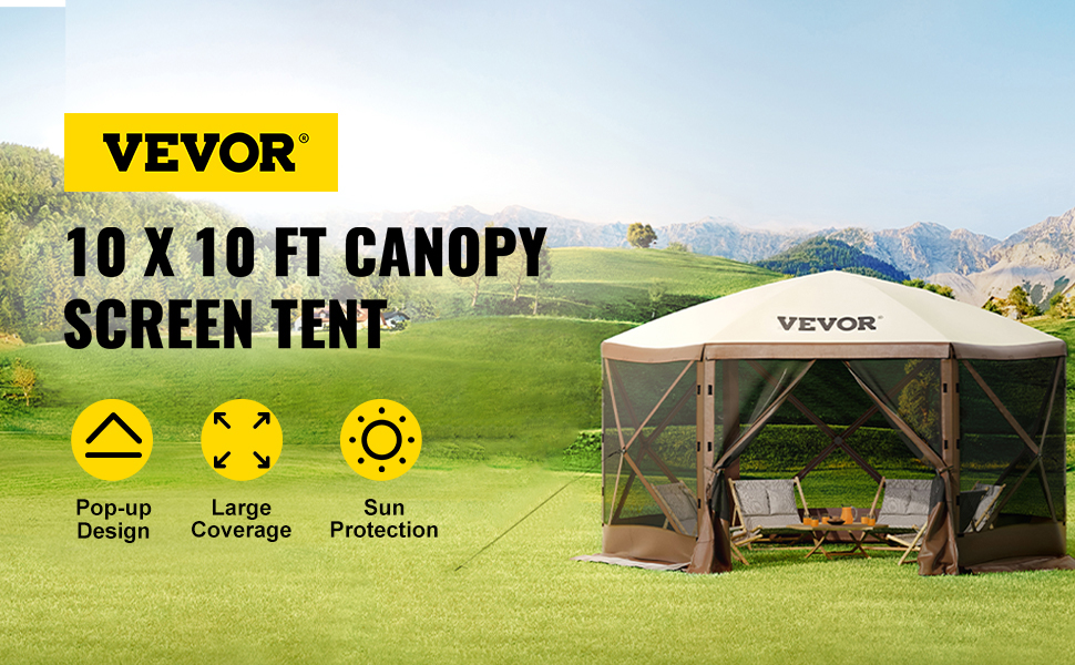 VEVOR Camping Gazebo Tent, 10'x10', 6 Sided Pop-up Canopy Screen Tent for 8  Person Camping, Waterproof Screen Shelter w/Portable Storage Bag, Ground  Stakes, Mesh Windows, Brown & Beige