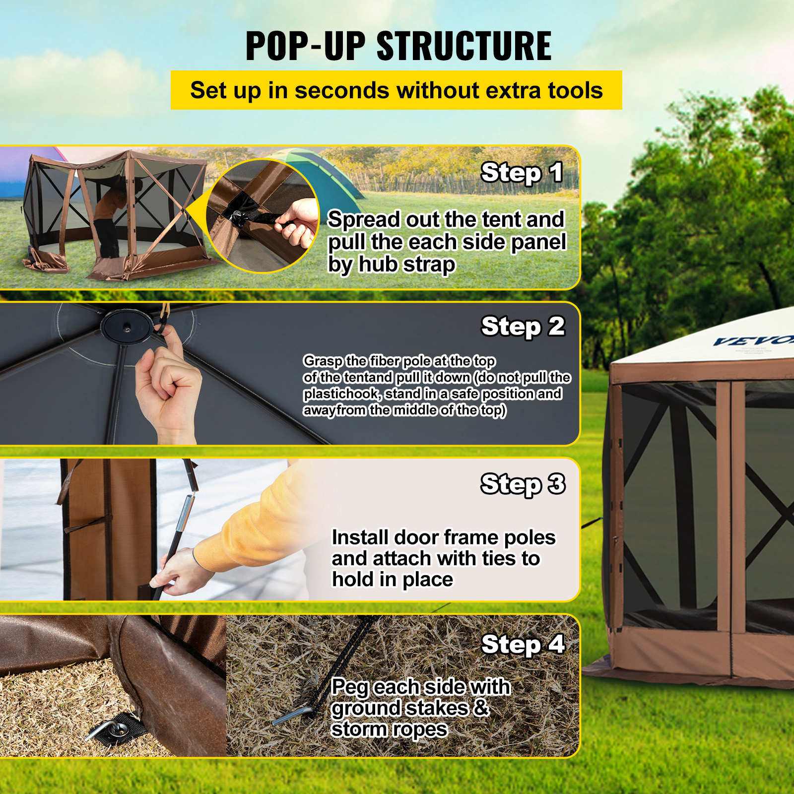 VEVOR Pop-up Camping Gazebo Camping Canopy Shelter6 Sided 10/12' x 10/12' - Picture 18 of 26