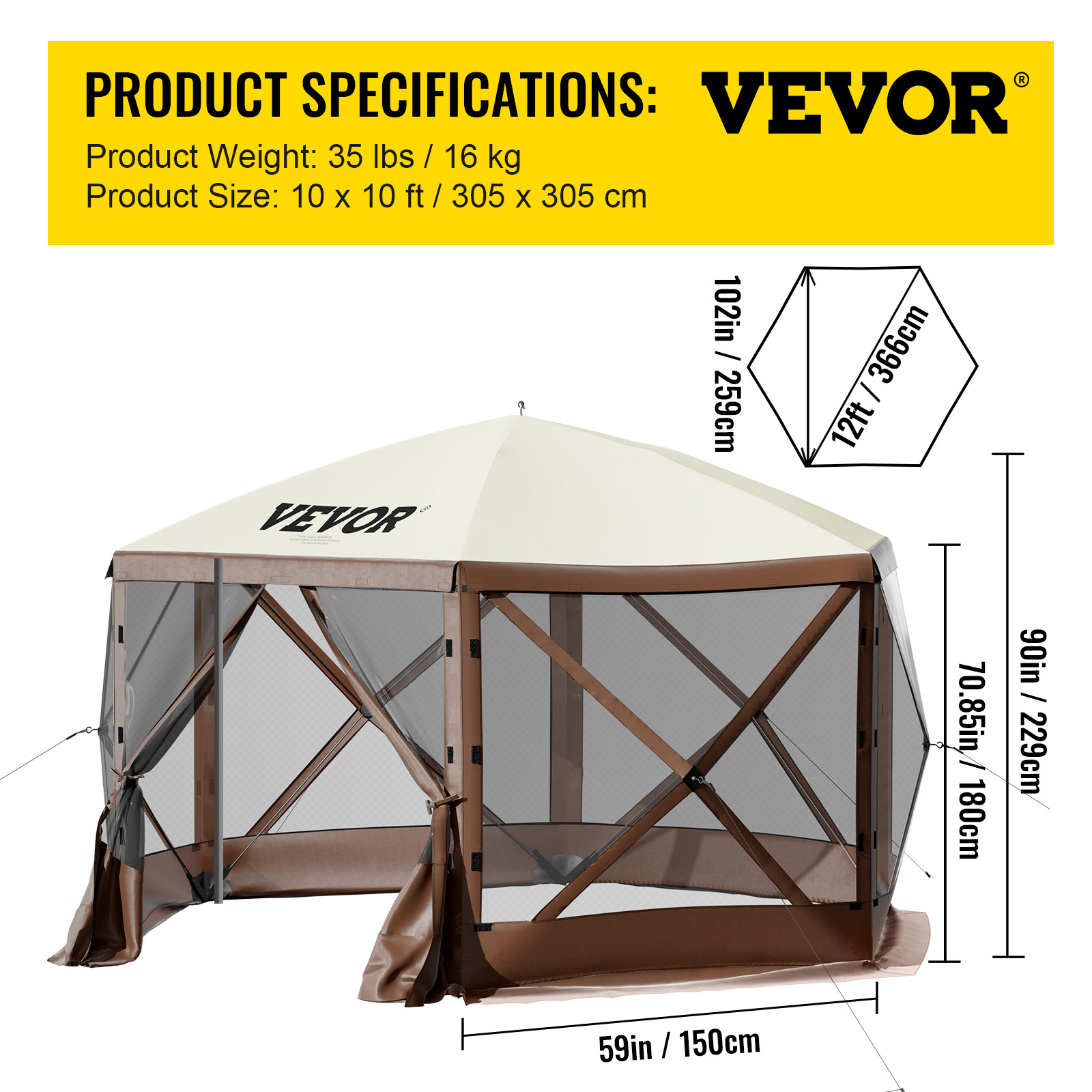 VEVOR Pop-up Camping Gazebo Camping Canopy Shelter6 Sided 10/12' x 10/12' - Picture 21 of 26