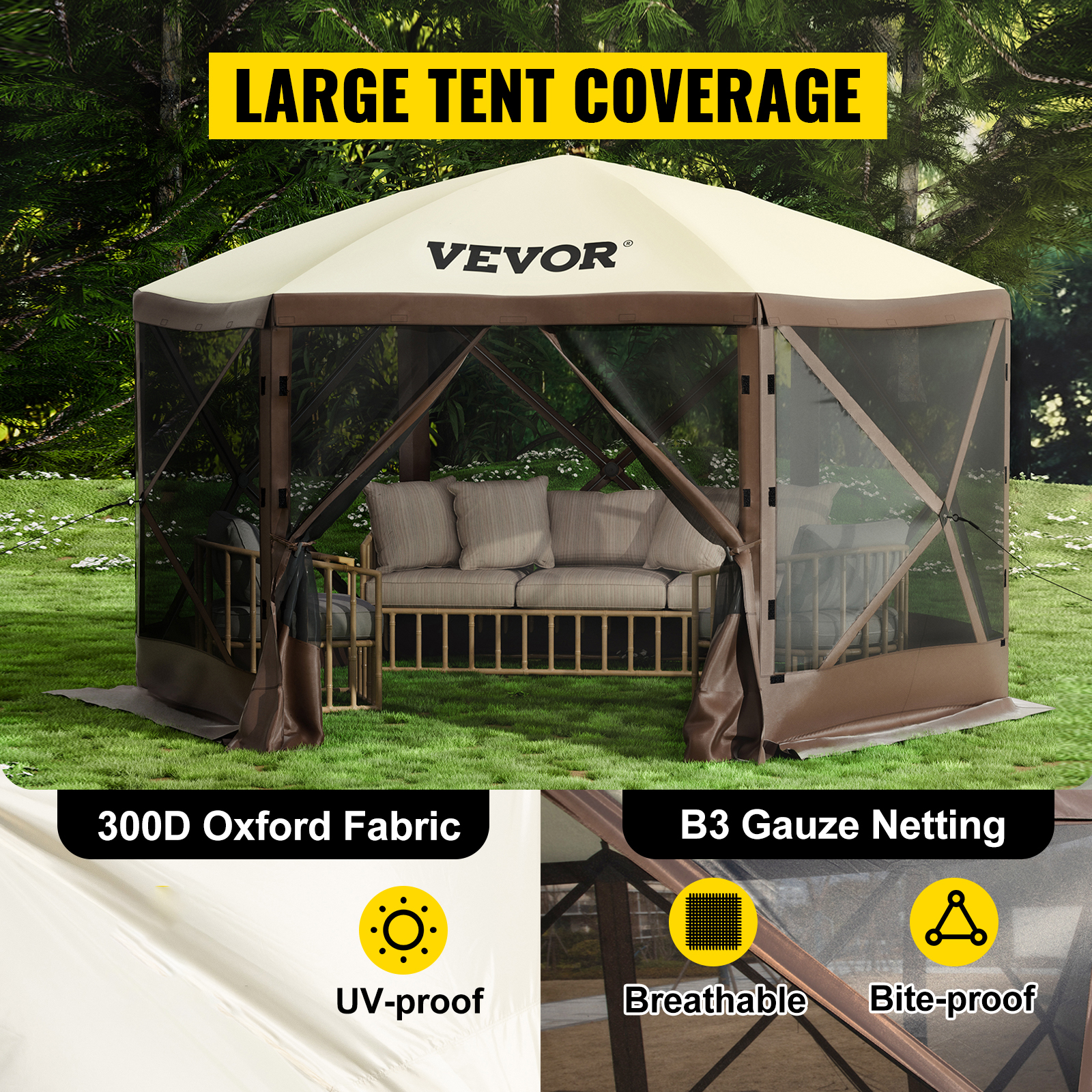 10'x10' Brown & Beige 6 Sided Pop-up Canopy Screen Tent for 8 Person Camping Waterproof Screen Shelter w/Portable Storage Bag VEVOR Camping Gazebo Tent Mesh Windows Ground Stakes 