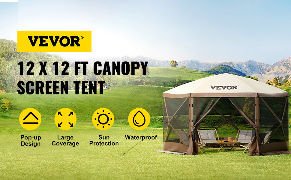 VEVOR Camping Gazebo Tent, 12'x12', 6 Sided Pop-up Canopy Screen Tent for 8  Person Camping, Waterproof Screen Shelter w/Portable Storage Bag, Ground  Stakes, Mesh Windows, Brown & Beige