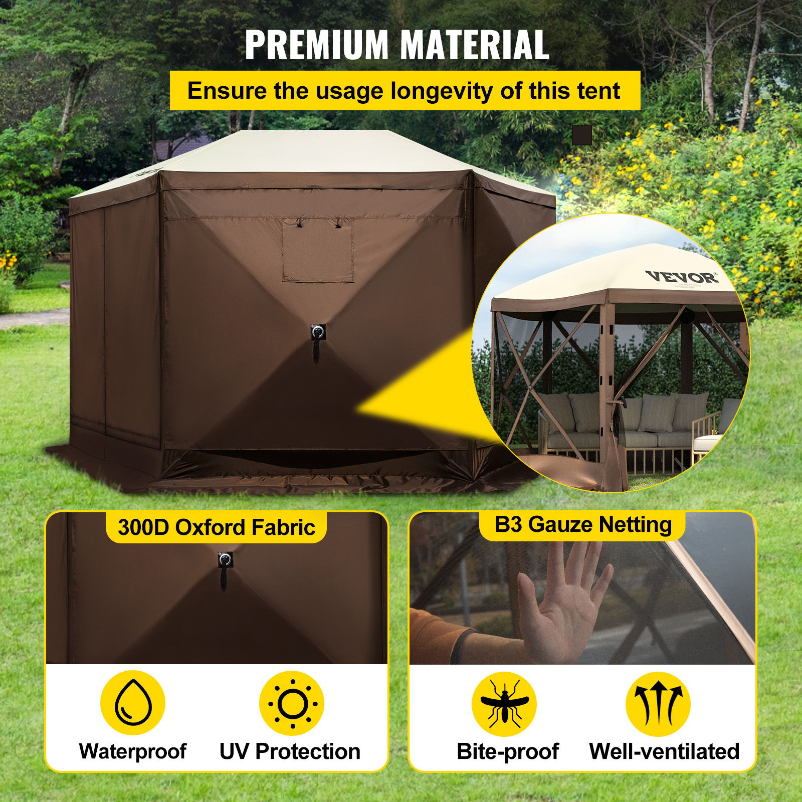 VEVOR Pop-up Camping Gazebo Camping Canopy Shelter6 Sided 10/12' x 10/12' - Picture 7 of 26