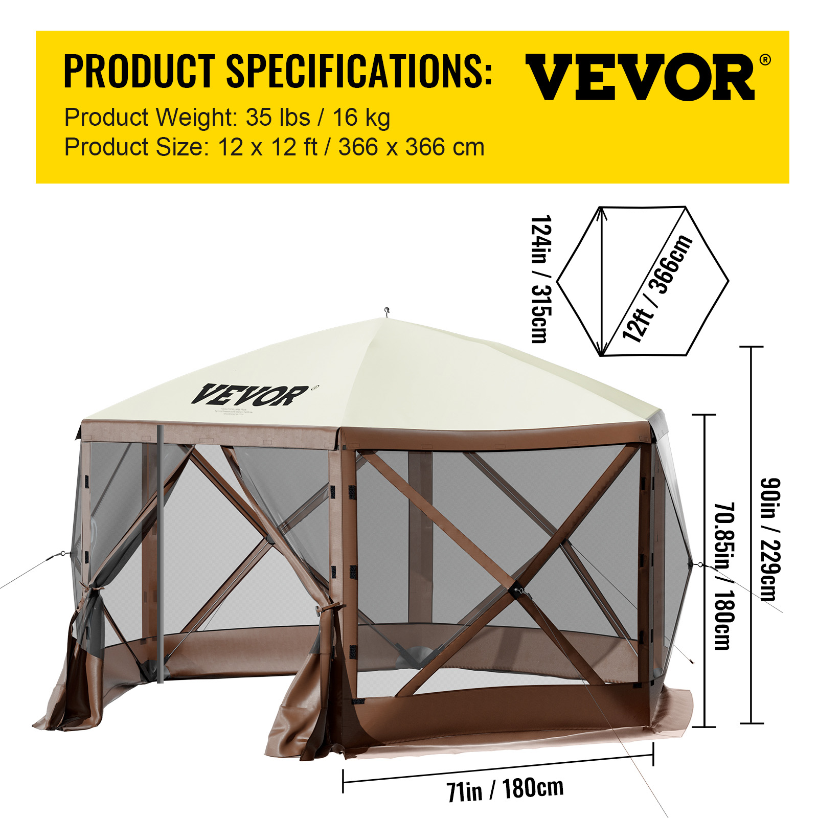 VEVOR Pop-up Camping Gazebo Camping Canopy Shelter6 Sided 10/12' x 10/12' - Picture 9 of 26